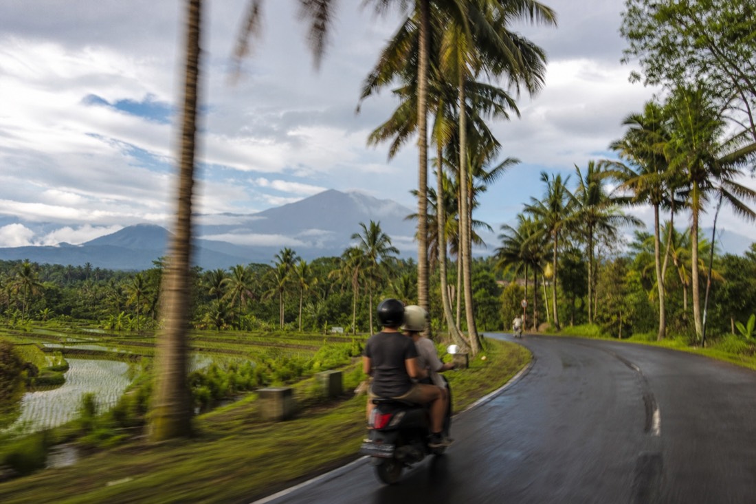 Riding through the rice fields toward Borobudur