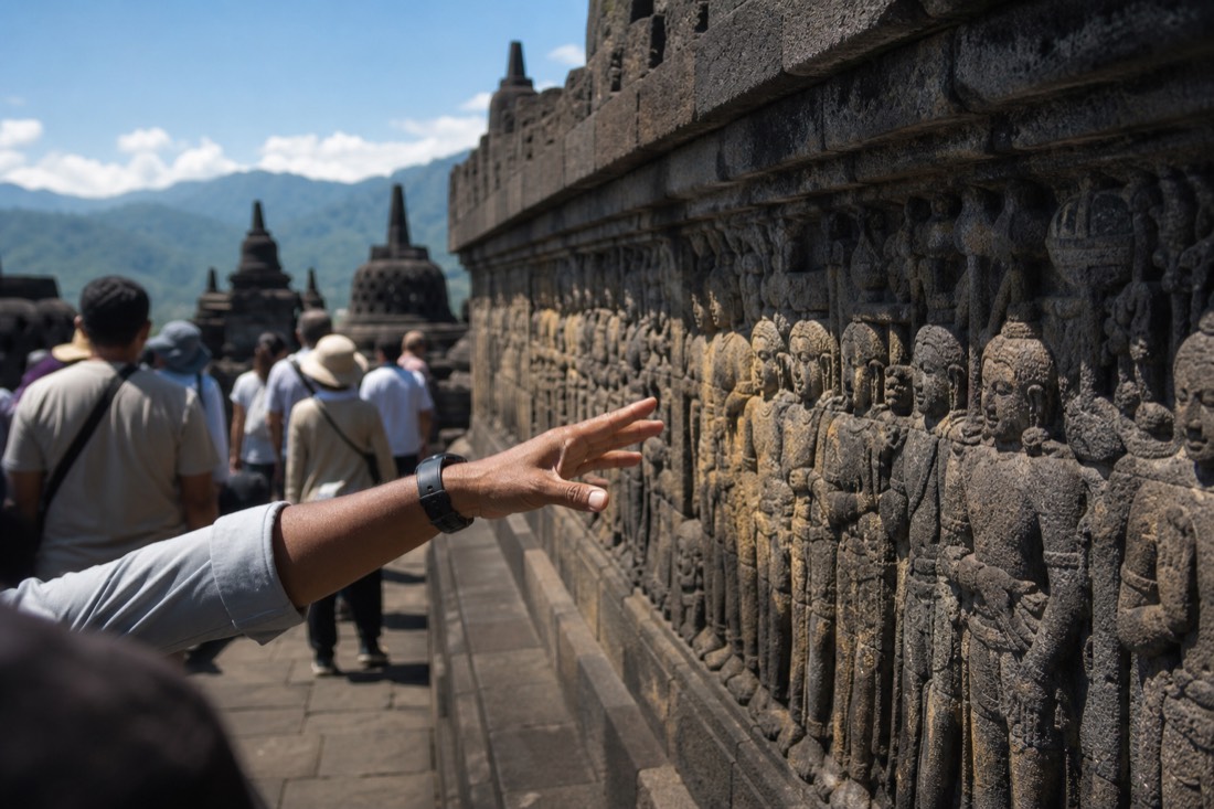 A guide pointing out figures on a Borobudur relief panel