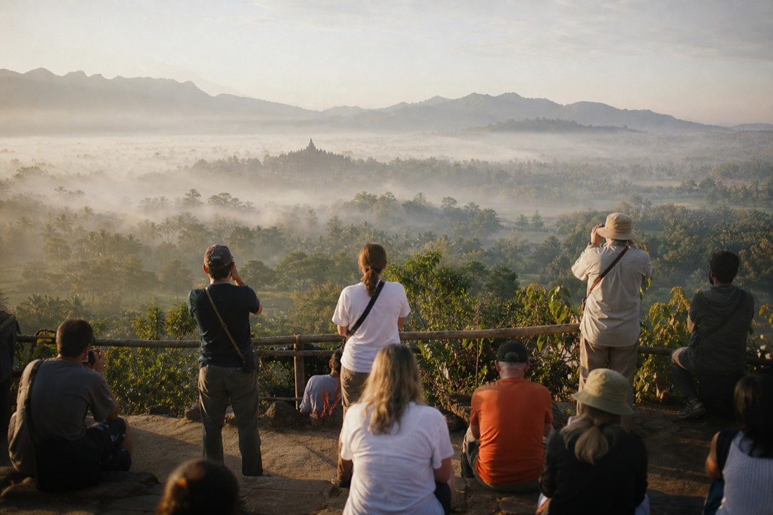 Morning light burning off the mist around Borobudur, from Punthuk Setumbu