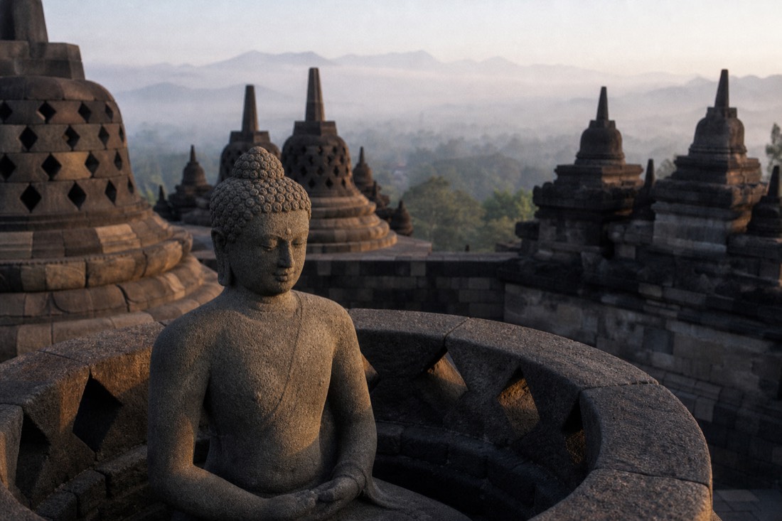 Stone Buddha statue in an opened stupa on Borobudur temple