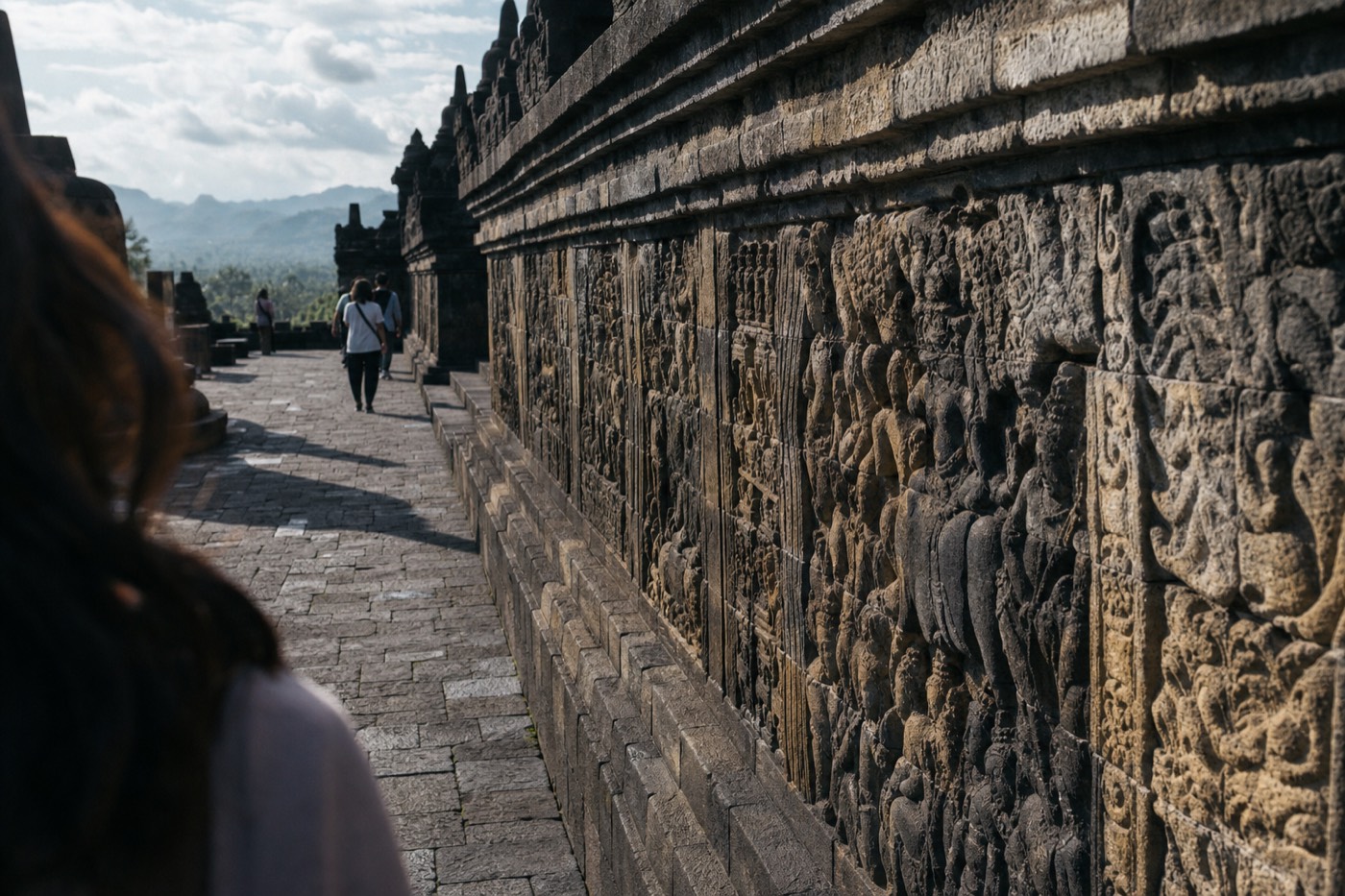Bas-relief panels along a gallery corridor of Borobudur temple