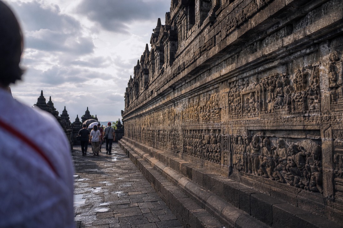 Bas-relief panels along a gallery corridor of Borobudur temple