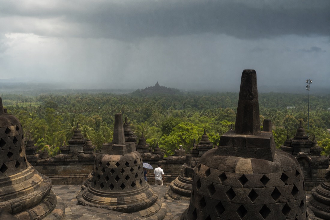A rain squall crossing the plain toward Borobudur
