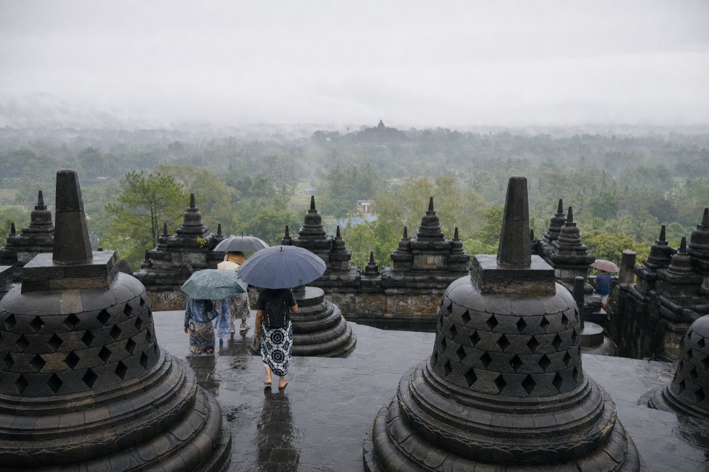 Rain on the stone terraces of Borobudur temple