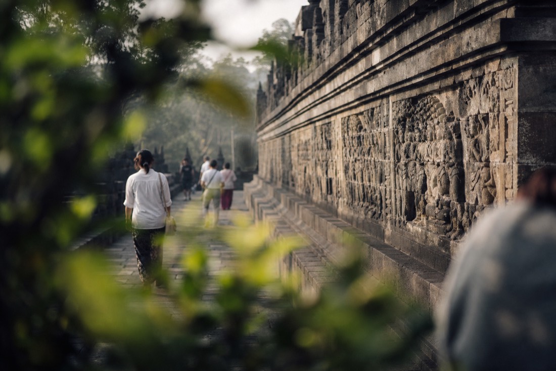 Bas-relief panels along a gallery corridor of Borobudur temple