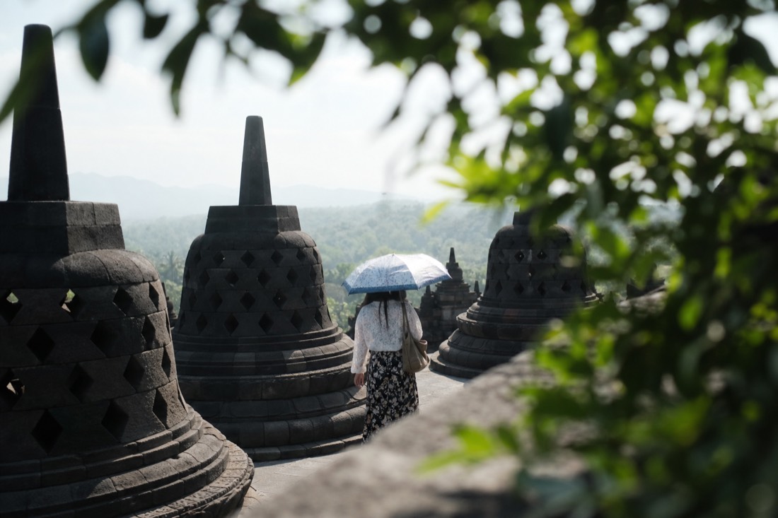 Shading from the sun on the open terrace of Borobudur
